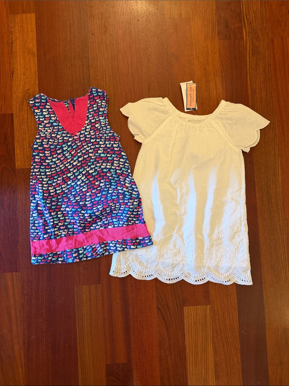Vineyard Vines Girls Whale Print Navy & Hot Pink Dress with White Eyelet Dress